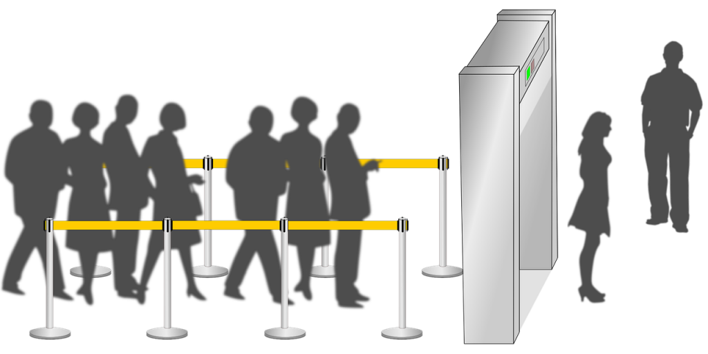 dessin de personnes attendant de passer sous un portique de sécurité